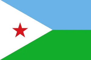 Drapeau de Djibouti, &eacute;toile rouge sur triangle blanc, bandes bleue et verte.